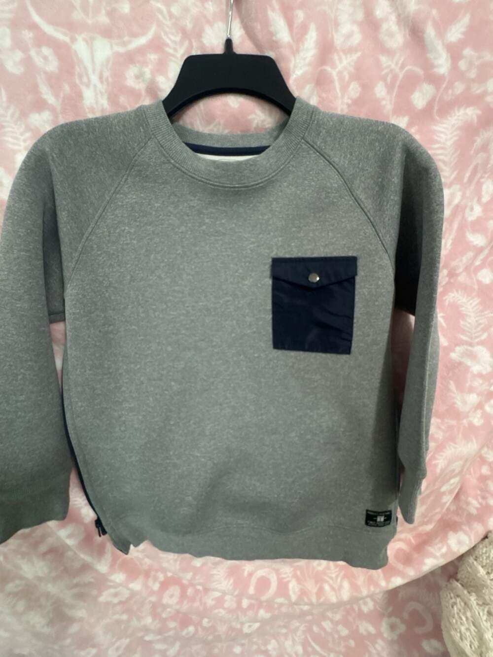 Zara Boys Heather Gray Sweatshirt with Navy Snap Pocket and Side Zippers
